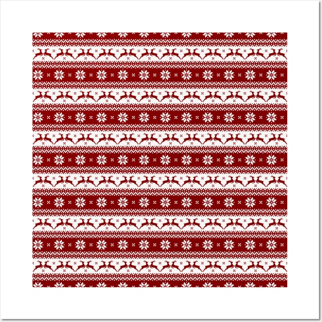 Dark Christmas Candy Apple Red Nordic Reindeer Stripe Wall Art by podartist